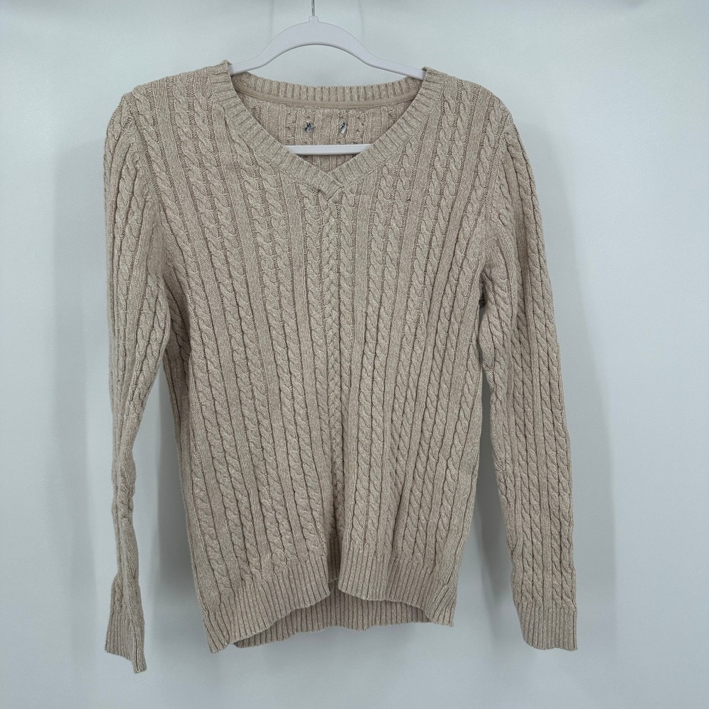 Womens Preppy Old Money Cable Knit Sweater SIze M Minimalist Capsule Neutral